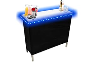 PARTYPONG Folding Portable Party Bar w/LED Lights & Wireless Remote, Black & Hawaiian Skirts, Storage Shelf, & Carrying Case - Single
