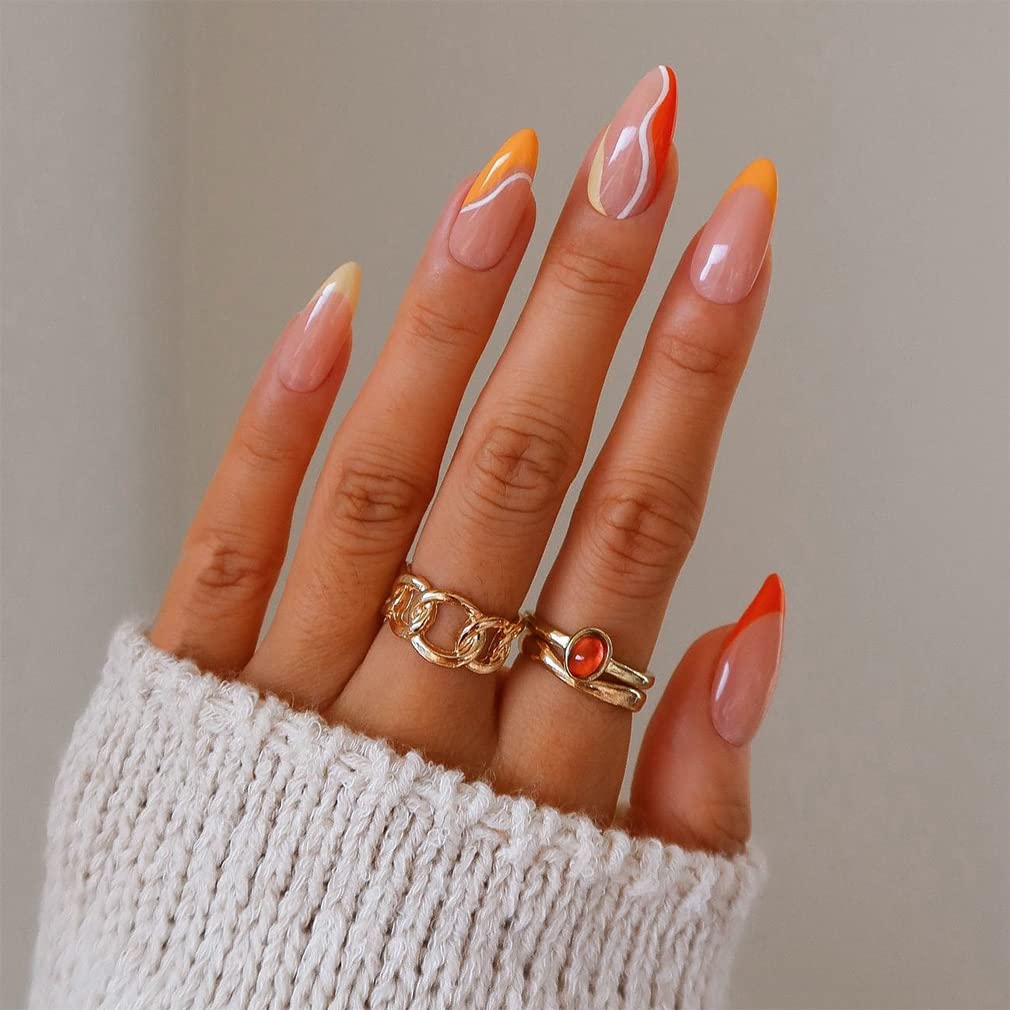 Sethexy Swirl Almond False Nails Orange French Stiletto Stick on Nails Wave Line Fake Nails 24Pcs Acrylic Art Press on Nail Tips for Women and Girls