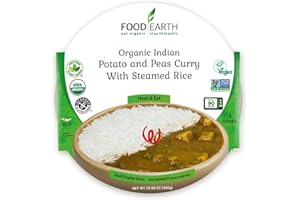 Food Earth Ready to Eat Indian Cuisine - Potato and Peas Curry with Steamed Rice Meal - Microwavable, Pre-packaged & Lunchable - Organic, Vegan, Gluten, GMO-Free, Plant Based -10.58 oz each, Pack of 6