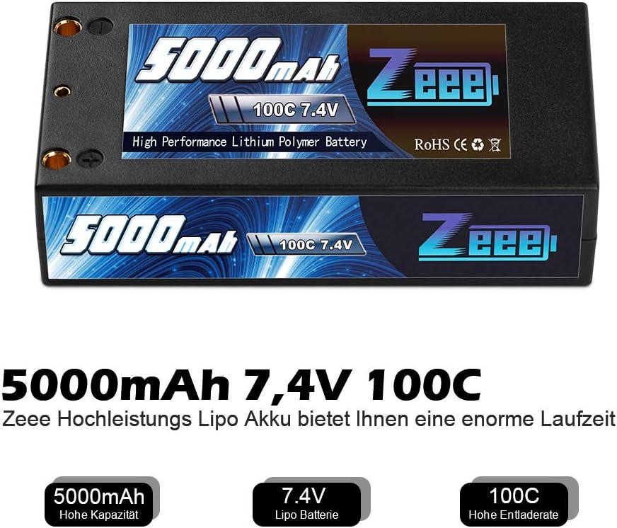 Zeee 2S Lipo Battery 5000mAh 7.4V 100C Hard case Shorty Battery with 4.0mm Bullet to T plug for RC Car RC Truck RC Auto Boot Helicopter LKW Truggy RC Hobby - Image 3