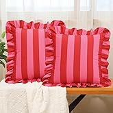 vctops Ruffle Square Throw Pillow Covers Boho Pink and Red Striped Decorative Pillowcases Set of 2, Soft Velvet Accent Cushion Cover Cases for Sofa Bed Living Room Decor (Pink,18"x18")