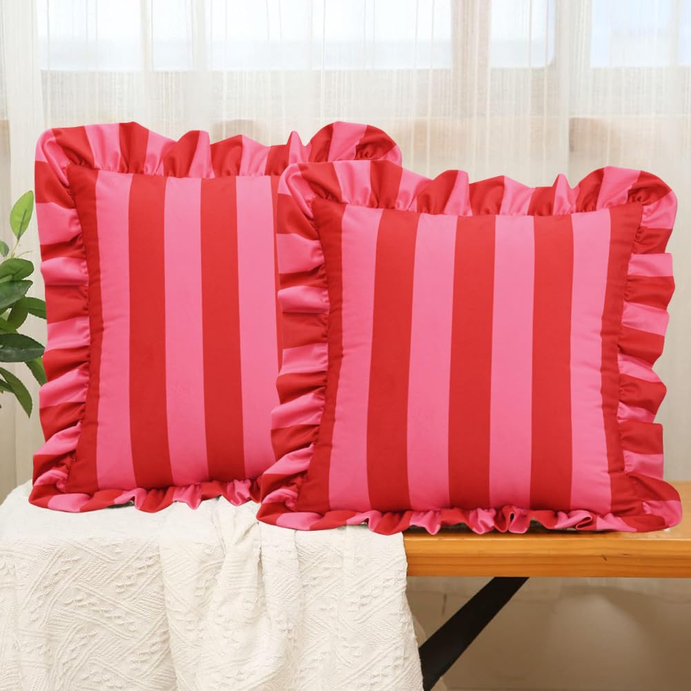 Photo 1 of vctops Ruffle Square Throw Pillow Covers Boho Pink and Red Striped Decorative Pillowcases Set of 2, Soft Velvet Accent Cushion Cover Cases for Sofa Bed Living Room Decor (Pink,18"x18")