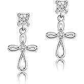 Cherished Moments Children's .925 Sterling Silver Dainty Cultured Pearl or CZ, Dangling Cross Earrings with Screw Backs for Baptism, Christening, First Communion Gift