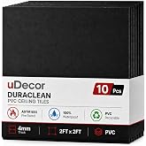 uDecor DuraClean Smooth Black 2ft x 2ft Vinyl Drop Ceiling Tile - Box of 10 - Waterproof, Washable, Fire-Rated, 4mm PVC (40 Sq.ft) (Black, 2x2)