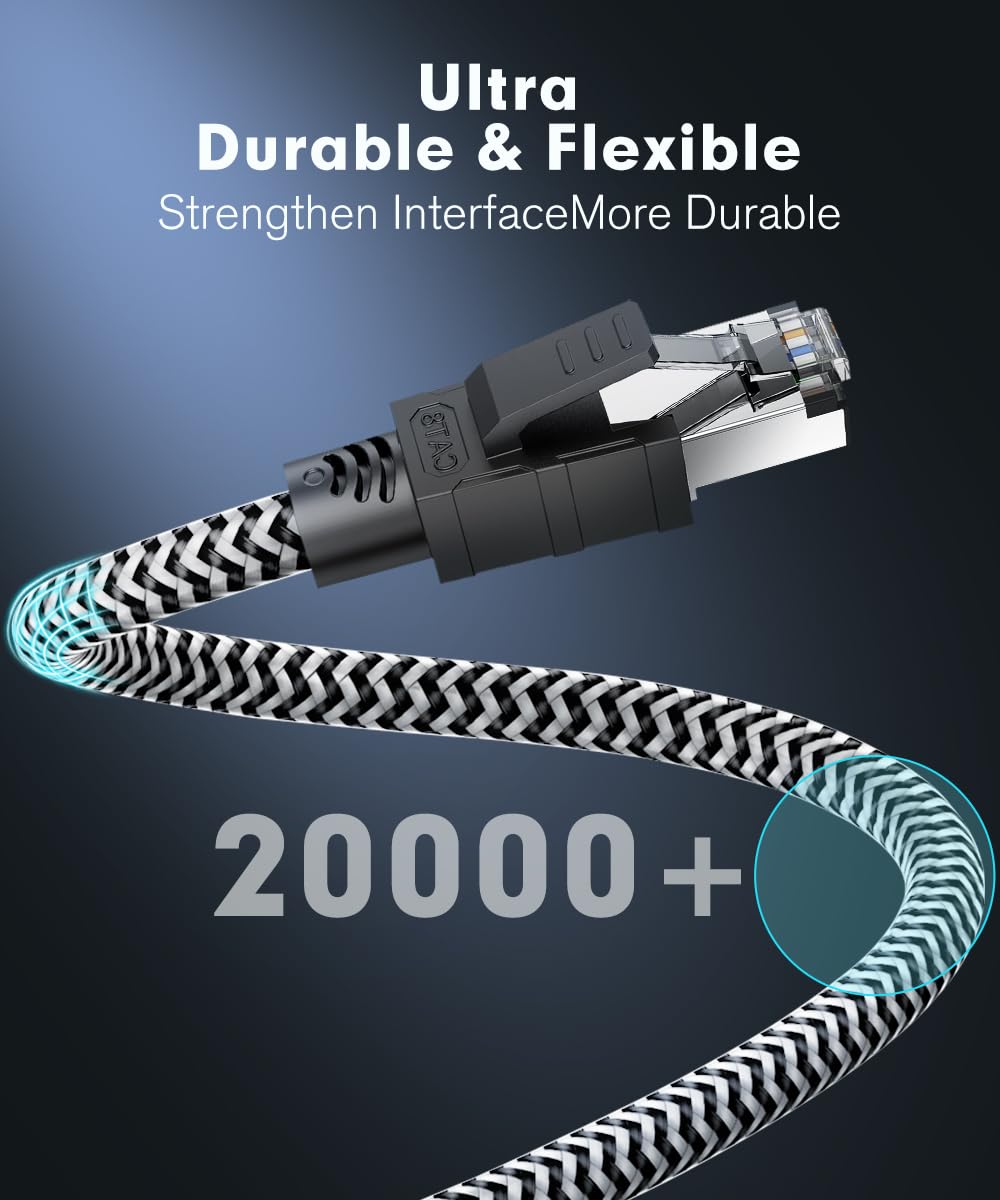 Qiuean Lan Kabel 20m, Netzwerkkabel Cat 8-40Gbps 2000MHz Hochgeschwindigkeits Ethernet Kabel,Nylongeflecht Internet LAN Kabel,Patchkabel mit Rj45-Stecker für Ps5/Laptop/Router/Gaming/Modem 4