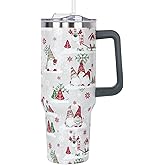 Christmas Winter Tumbler with Handle and Straw Lid 40 oz,Cute Merry Xmas Gnome Snowflake Gifts for Women Vacuum Insulated Leak Proof Tumbler,Holiday Accessories Stainless Steel Coffee Cup (Red/Green)