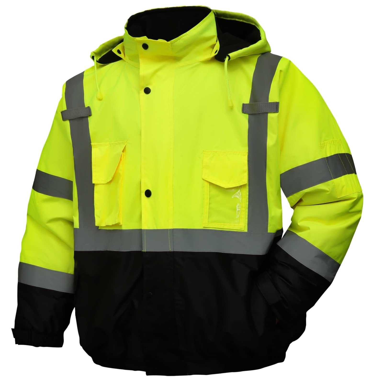 DPSAFETY Safety jacket for men,Reflective high Visibility Hooded jacket,Hi-Vis Bomber Jacket with Pockets and Zipper,Waterproof,Black Bottom,ANSI/ISEA 107-2020 Type R Class 3,Lime Image