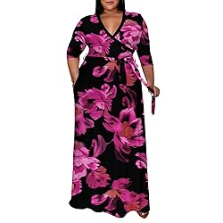Runwind Plus Size Dress for Women 3/4 Sleeve V Neck