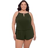 Aqua Green Womens Keyhole Blouson Slimming Swim Romper with Pocket