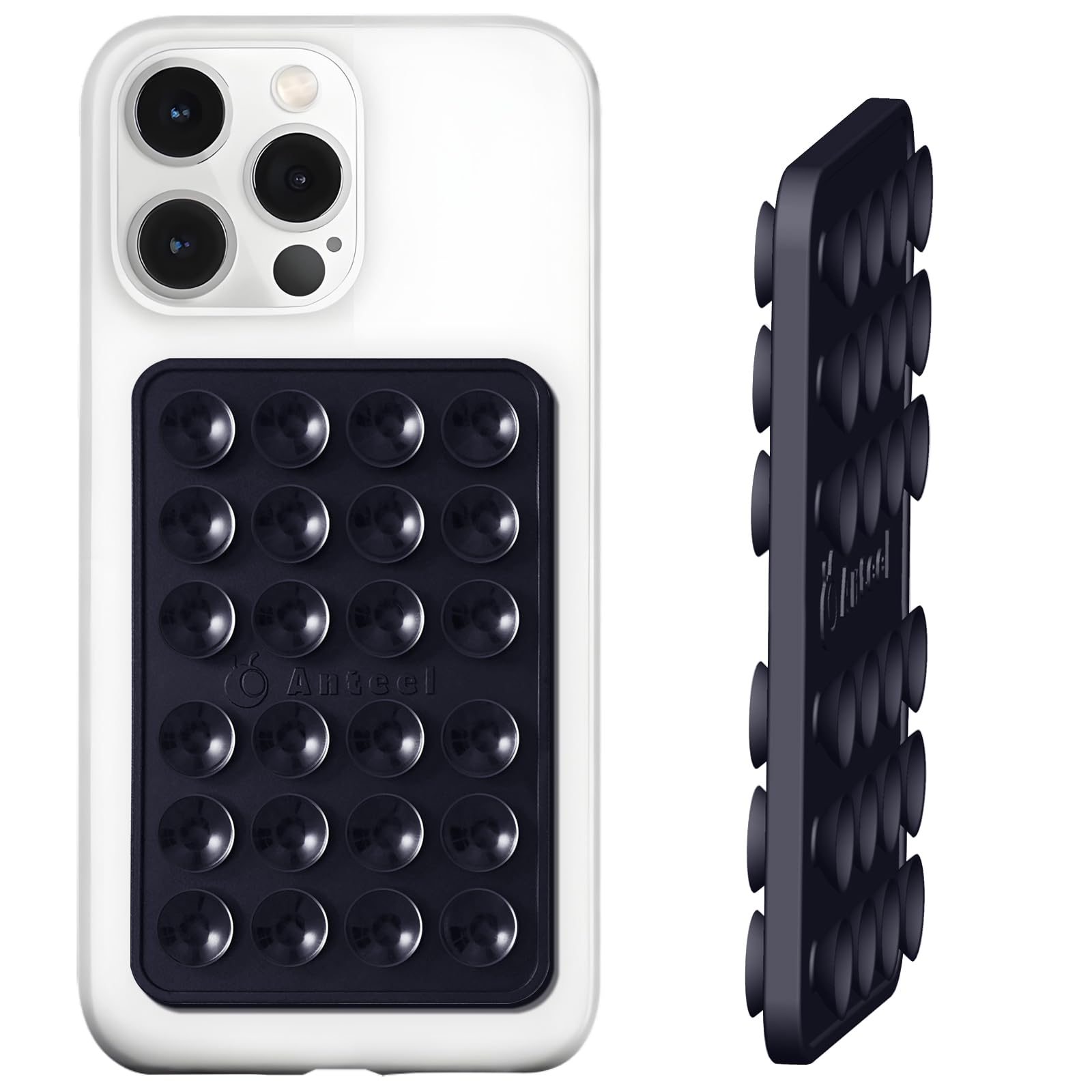 Anteel Double-Sided Silicone Suction Phone Case Mount, Enhanced Suction Cup Power and Thickened Grip for Selfies and Videos, Durable, Hands-Free Non Slip Accessories, 2.36"x3.66" (Black)