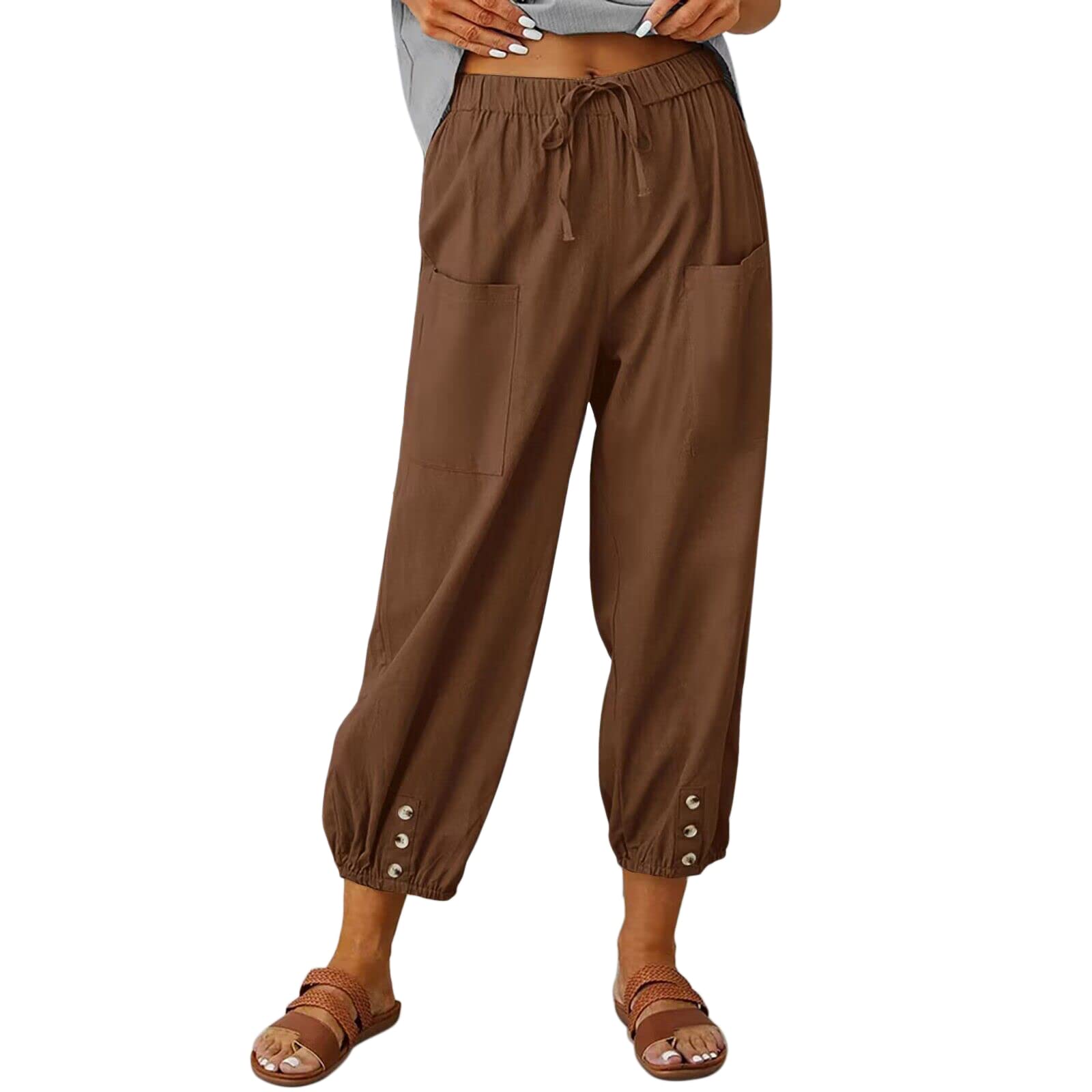 Photo 1 of ** UNKNOWN SIZE***Women's Capri Pants High Waist Drawstring Cinch Bottom with Button Cotton Loose Casual Trouser with Pockets Brown