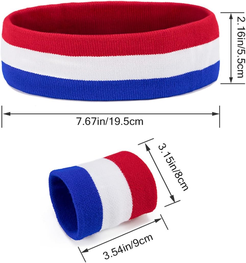 BEFORYOU 2 Sets Striped Sweatbands Set, 2 Pieces Sports Headband and 4 Pieces Wristbands Sweatbands Colorful Cotton Striped Sweatband Set American Flag Style for Men and Women (Red White and Blue) : Clothing