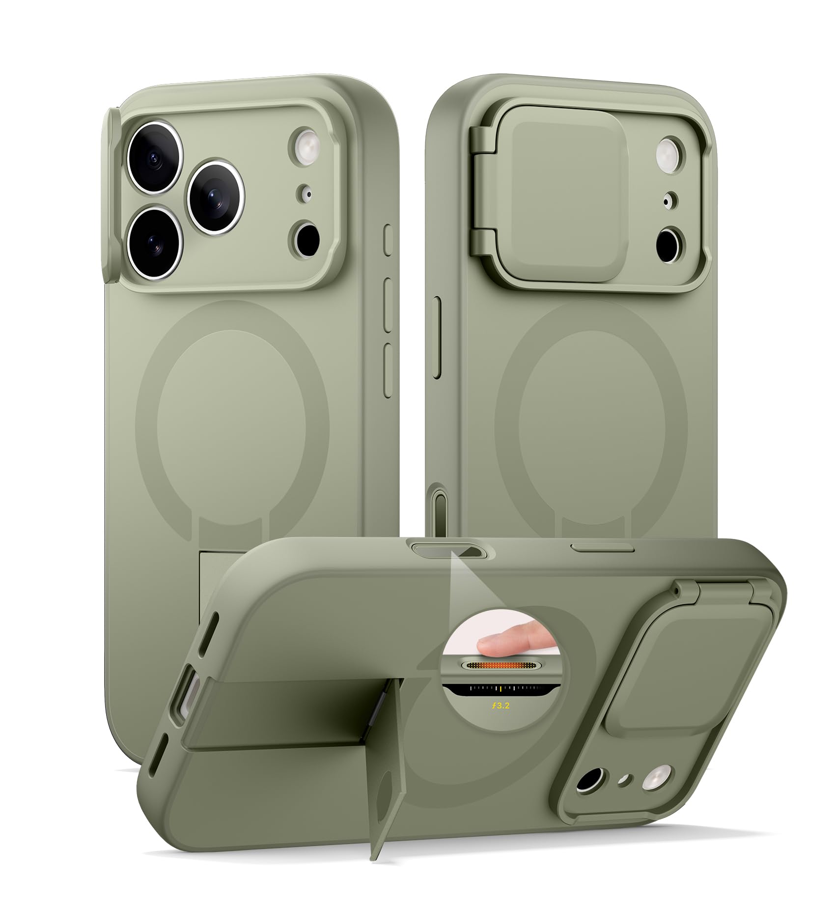 Photo 1 of SURITCH for iPhone 17 Pro Case with Camera Control Cover, Camera Cover and Adjustable Kickstand, Compatible with MagSafe, Shockproof Bumper Protective Cases 6.3 Inch, Green