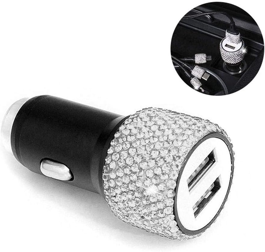 Volwco Dual USB Car Charger Bling Bling Decors Car Decorations Cigarette Socket Lighter with Handmade Rhinestones Crystal (White)