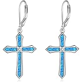 Cross Dangle Earrings Sterling Silver Opal Cross Jewelry for Women Religious Dangle Jewelry for Women Christian Gifts