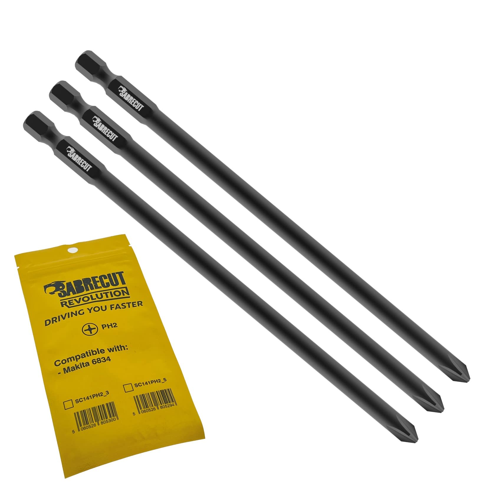 3 x SabreCut SC141PH2_3 141mm PH2 Compatible with Makita 6834 P-66254 Autofeed Collated Drywall Screwdriver Gun Bit Single Ended Phillips No.2 Heavy Duty