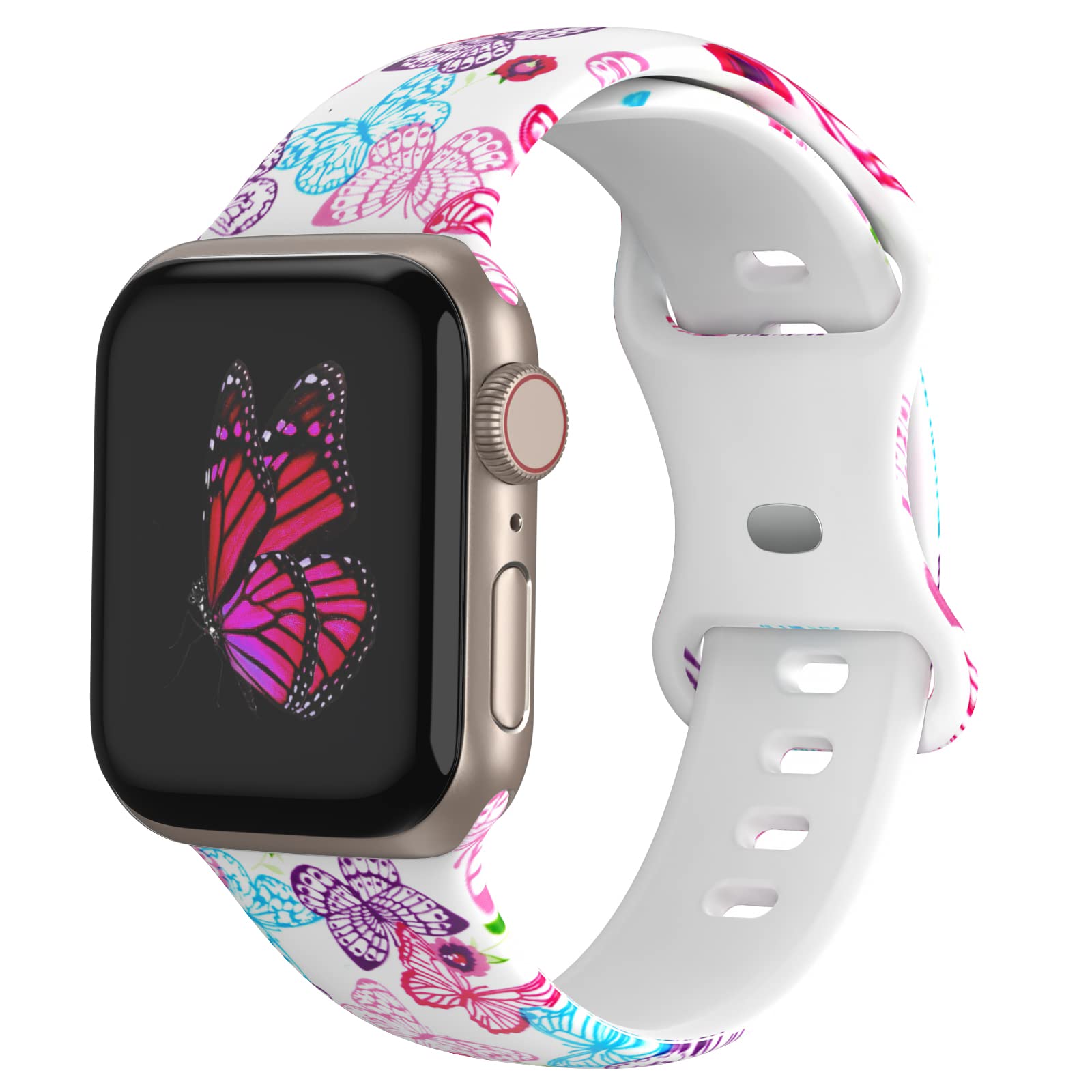 BMBEAR Floral Band Compatible with Apple Watch Bands 42mm 44mm 45mm for Women, Soft Silicone Fadeless Cute Pattern Printed Replacement Strap Wristband for iWatch Series SE 7 6 5 4 3 2 1 Butterfly