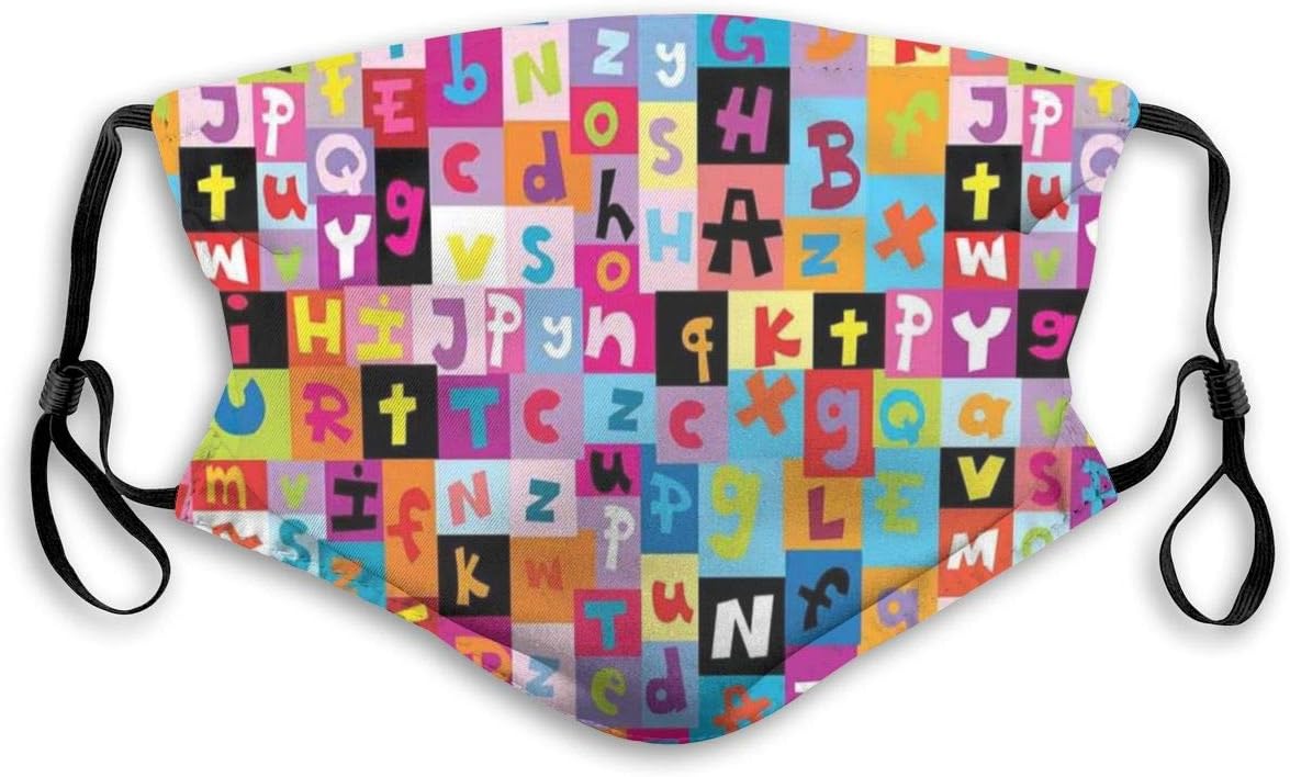 Anti Dust Pollution Adjustable,Colored Alphabet Letters Pattern Education School Puzzle Children Graphic Print,Mouth Mask Reusable Safety Warm Face Mask for Outdoor,Kids size:S