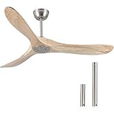 DefinElegant 52" Modern Ceiling Fan, No Light, 6-Speed, Reversible, Timed Shutdown, DC Motor, Natural Wood 3 Blade, Porch, Be