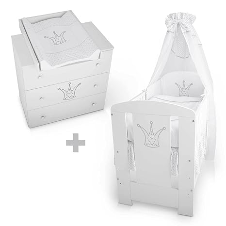 KLUPS Kinderzimmer SET Baby-Zimmer'KRONE' Weiß (Bett + Wickelkommode)