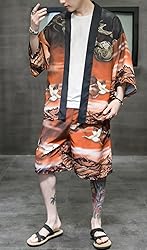 Ambcol Men's Japanese Style Kimono Tops Shorts Sets