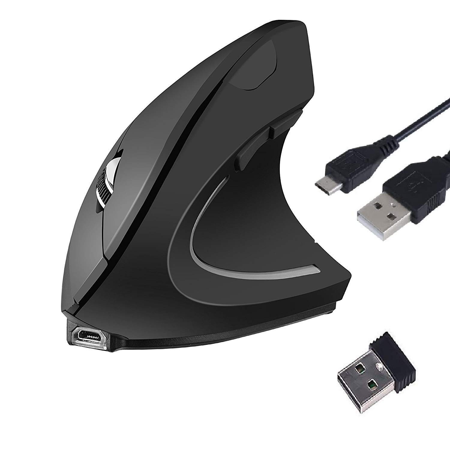 Souris Verticale Ergonomique Souris sans Fil Silencieuse avec Nano-Récepteur, DPI Réglable, Interrupteur on/Off-Noir
