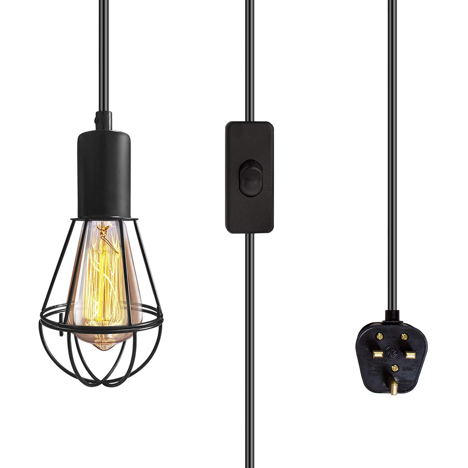 Vintage Suspended Pendant Light Ceiling Lighting Fitting, E27 Lamp Holder with 6M Plug and Switch, Industrial Plug in Ceiling Lights, Retro Cage Hanging Lights Plug in Pendant Lights for Loft