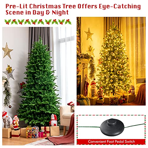 Goplus 7ft PreLit Artificial Christmas Tree, Hinged Lifelike Fake Xmas
