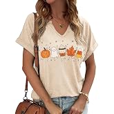 Earlymemb Women Fall Halloween Doodles V Neck Shirt Thanksgiving Casual Tee | Funny Spooky Season Family Party Celebration Short Sleeve Tee Pumpkin Top Holiday Stretchable Cotton Blend Soft