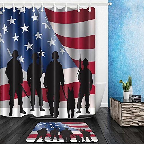 Aiyani American Flag Series Shower Curtain Painted Cool Soldiers, Polyester Fabric Bathroom Set with Hooks, 71x71 Inches
