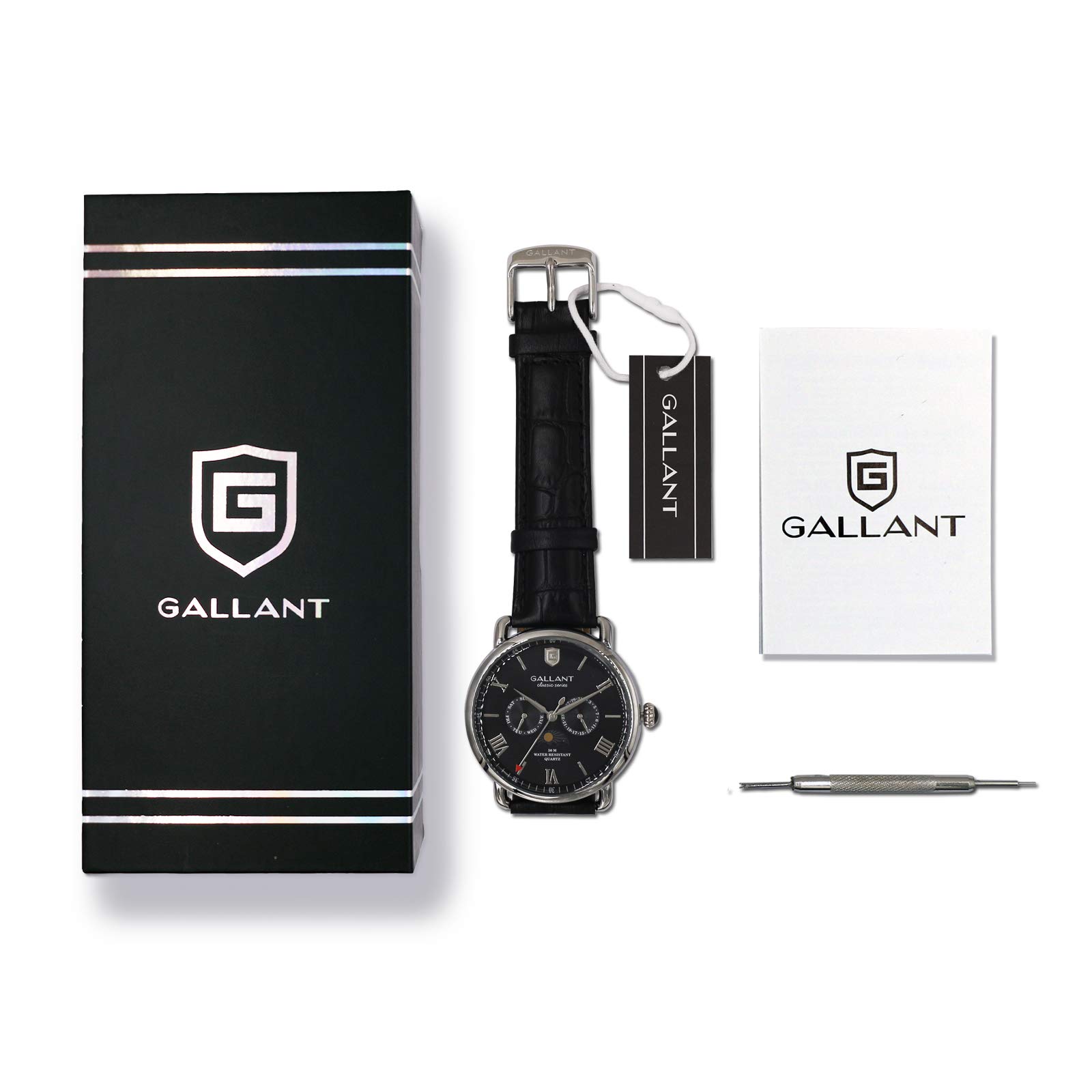 Mens Wrist Watch, GALLANT Analog Quartz Watches Men Wristwatch Leather Band Strap with Date Moon Phrase Date Calendar Waterproof Black Dial Casual Watch for Sports Daily Business