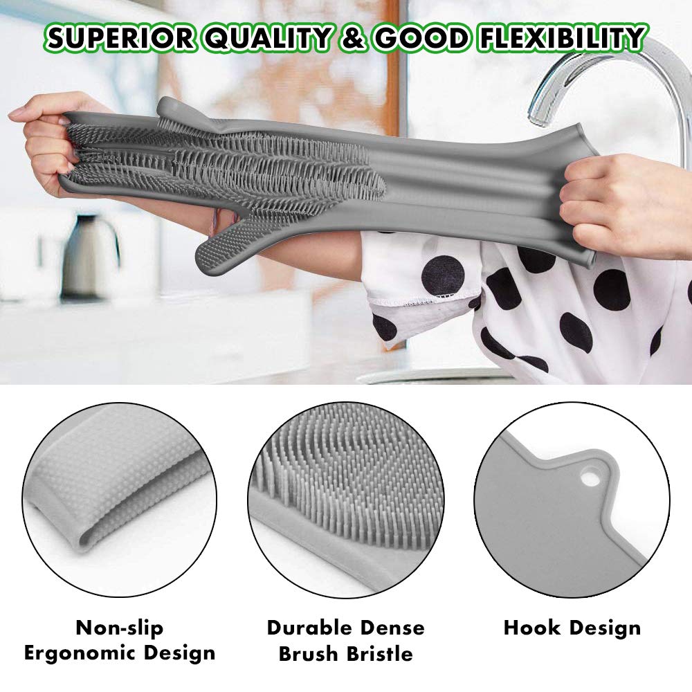 Upgrade Magic Silicone Cleaning Gloves Dishwashing Scrubber, Reusable Brush Scrubber Gloves with Bristles, Heat Resistant, Multi-functional, Perfect for Dish washing, Kitchen, Bathroom, Car and More