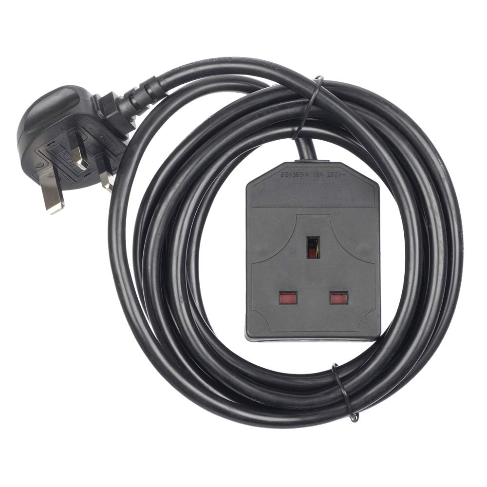 Pro-Elec 1 Way Gang Single Socket Power Mains Extension Lead Cable 3M Metre British Approved 13A Amps - Black