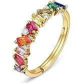 WES 925 Sterling Silver Emerald Cut Colorful Rainbow Cubic Zirconia Eternity Rings for Women, Size 7