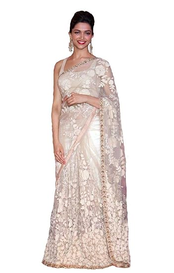 Womens Graceful Embroidery Net Saree ( YF-179, White)
