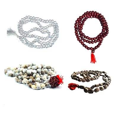 KRIWIN 4 Mala Combo of Sphatik mala, Lal Chandan Scented mala, Vaijayanti Mala & Tulsi mala with Free Japa Bag