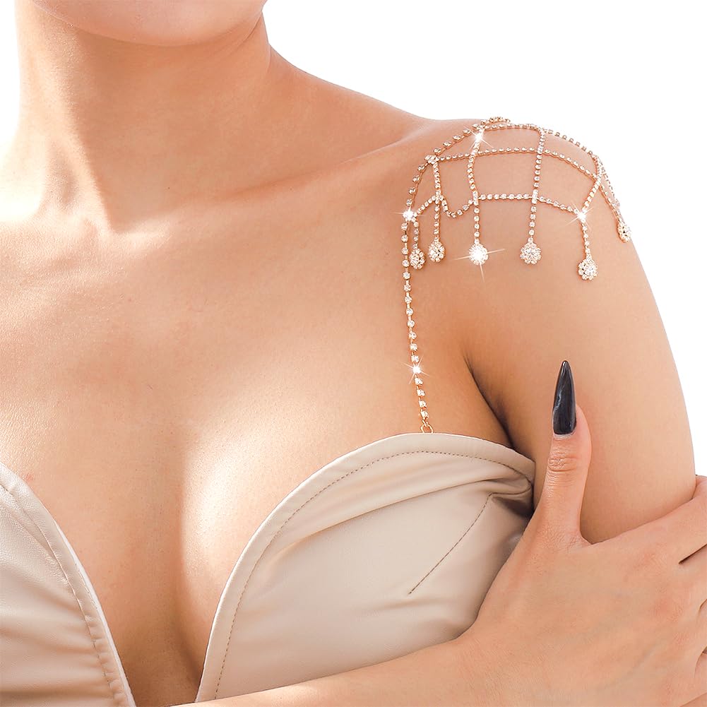 Photo 1 of FINGERINSPIRE 2PCS Golden Rhinestone Shoulder Bra Body Chain - Triangle Tassels Wedding Arm Chain for Summer Beach Bikini Bride Decor