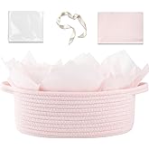 OIAHOMY Gift Basket with Handle, Small Woven Basket with Gift Bag, Ribbon and Wrap Tissue Paper, Nursery Bins Empty to Fill with Small Items, Baby, Pet Toy Organizer - Pink