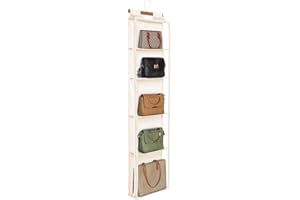 Syeeiex Hanging Handbag Purse Organizer with Zippers,5 Mesh Shelves,Clear Slubbed Fabric PVC Hanging Closet Bag Organizer,Dus