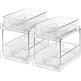 2 Pack Clear Bathroom Organizers and Storage, 2 Tier Pull Out Under Sink Cabinet Organizer Plastic Drawer Organization and Storage for Bathroom and Kitchen