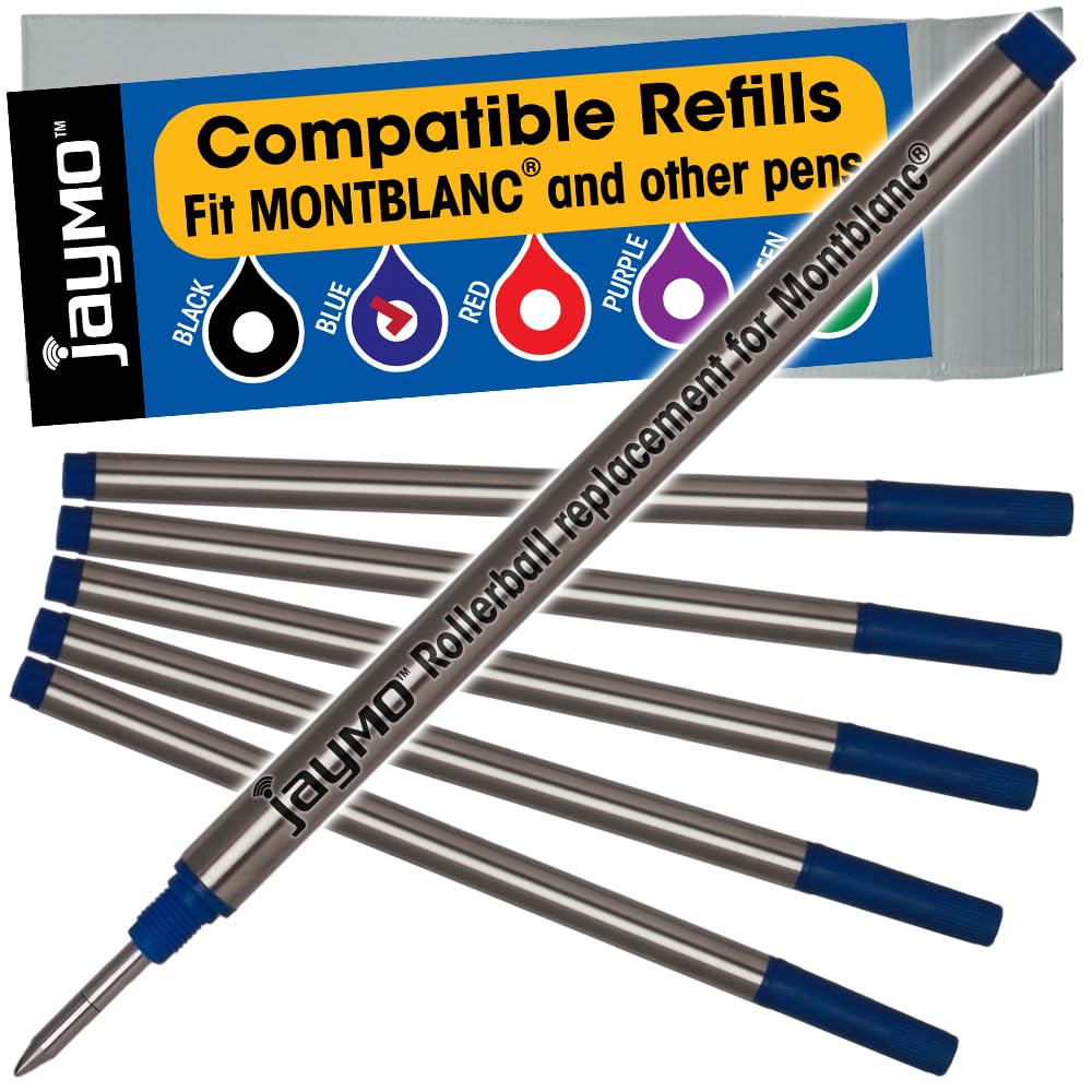 Jaymo Replacement for Montblanc 105159 - Measures 4.44 in / 113 mm Long - Rollerball Pen Refill - 6 Blue