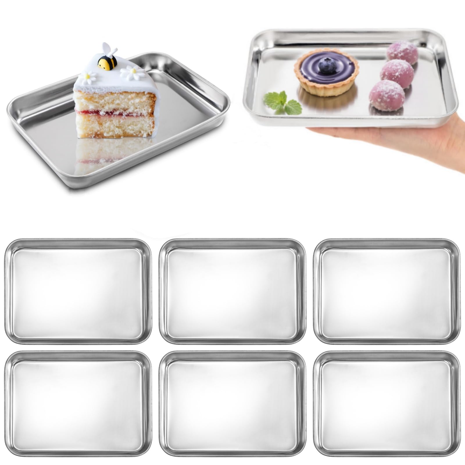 Photo 1 of Lyellfe 6 Pack Small Stainless Steel Plates, 7''L x 5''W Mini Metal Food Tray Plate, Portable Size Baking Sheets for Oven, Food Safe Smooth Polished for Picky Eaters, Campers, Hand Project