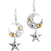 Moon and Star Earrings for Women, Vintage Silver Plated Moon Drop Dangle Earrings, Crescent Moon Earrings Bohemian Jewelry for Women