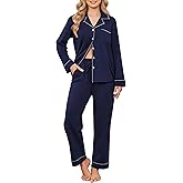 Ekouaer Womens Pajamas Set Cotton PJs Long Sleeve Sleepwear Button Down Tops and Pants 2 Piece Lounge Set
