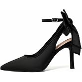 RIBONGZ Black Heels for Womens Bow Heels with Strappy Wedding Satin Shoes for Bride Closed Pointed Toe Stiletto Slingback Pumps Sexy Ankle Strap Prom Dressy Party Bridesmaid Shoes 9