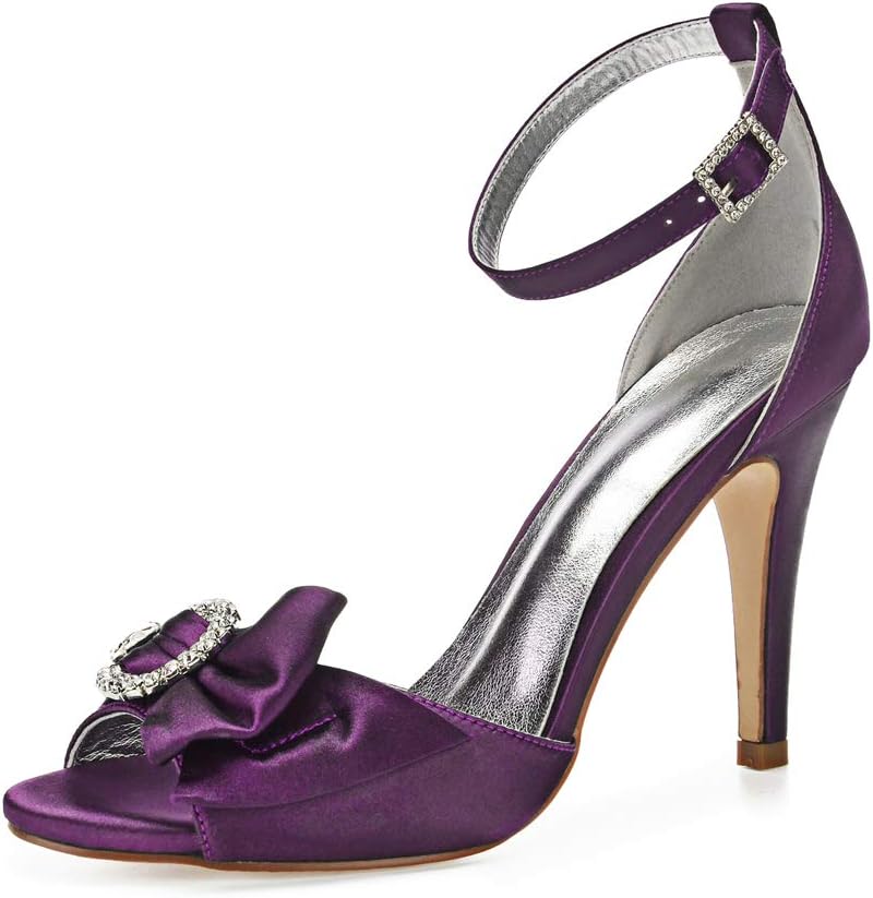 DRWXASFN Bridal Shoes peep Toe high Heel Ankle Strap Bow Rhinestone Satin Wedding Evening Party Pumps,Purple,5 UK