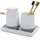 GAHEFY White Bathroom Countertop Accessories Set - Soap Dispenser and Toothbrush Holder with Silicone Boot,Vanity Tray (White Foam)