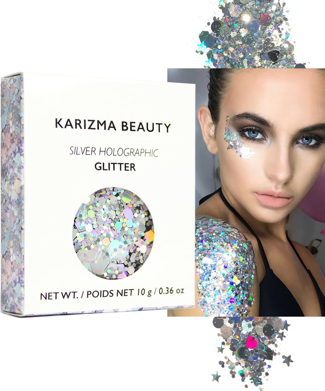 Silver Holographic Chunky Glitter ✮ KARIZMA BEAUTY ✮ Festival Glitter Cosmetic Face Body Hair Nails