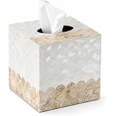 Coeusy Capiz Shell Tissue Box Cover, Decorative Tissue Box Holder, 5.8'' | Handmade Checkered Cube Tissue Cover, Bottom Slider,Boho Coastal Square Tissue Box Cover for Kleenex,Bathroom,Coffee Table