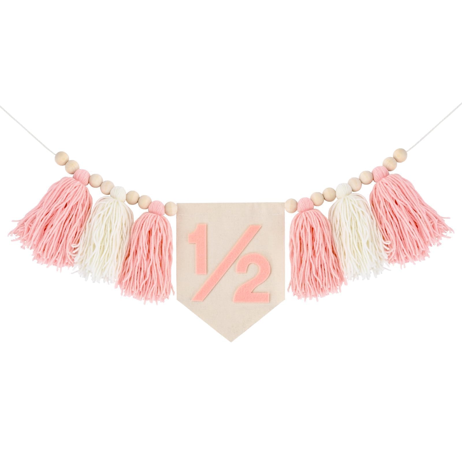 Photo 1 of 1/2 Birthday Girl Decorations Banner, Pink High Chair Garland for Halfway To One Baby Girl Half Birthday Banner Decor, Boho Tassel Wood Bead Garland for 6 Months Birthday Girl Party